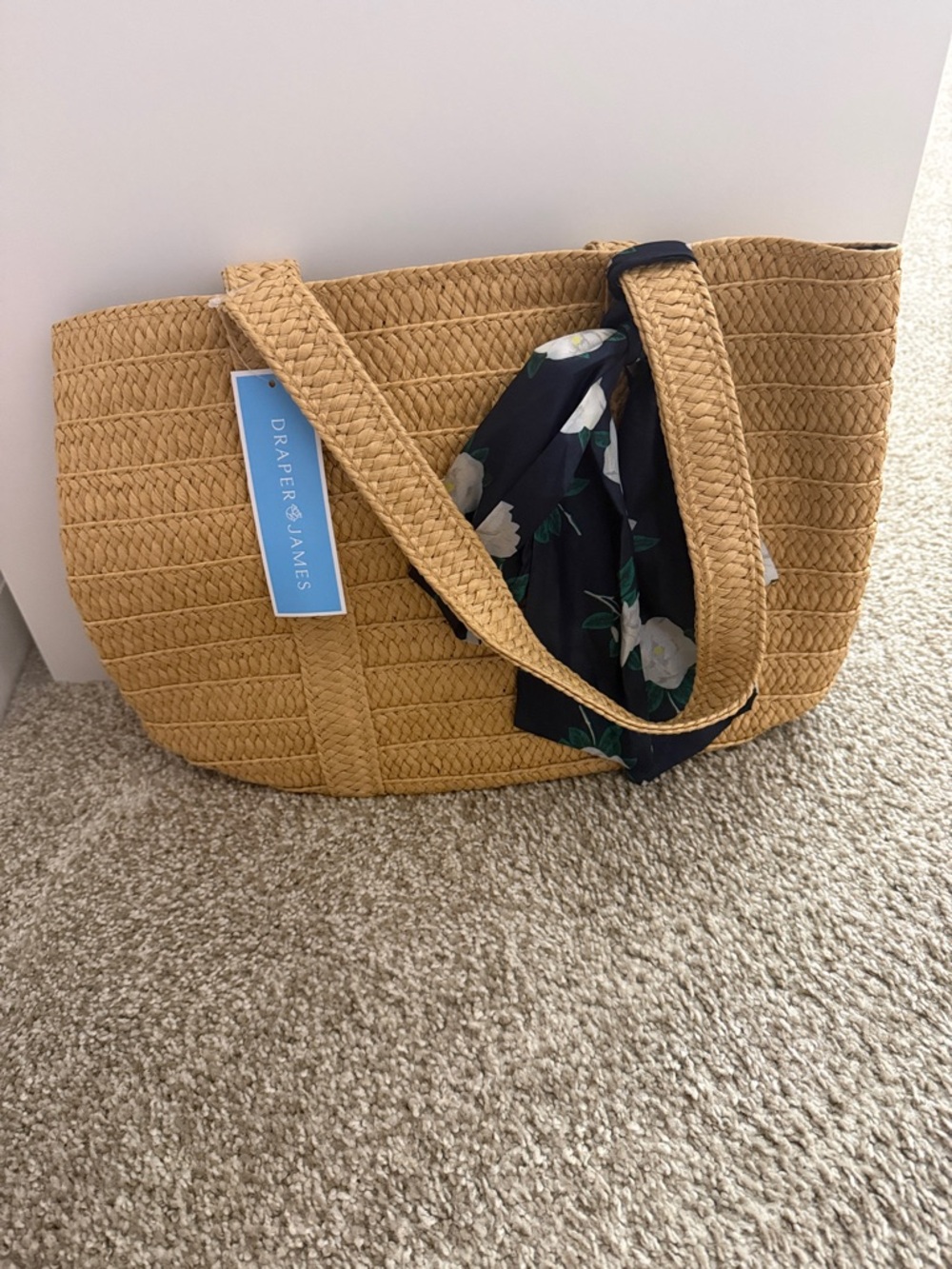 Draper James Tan Woven Tote with Navy Floral Scarf